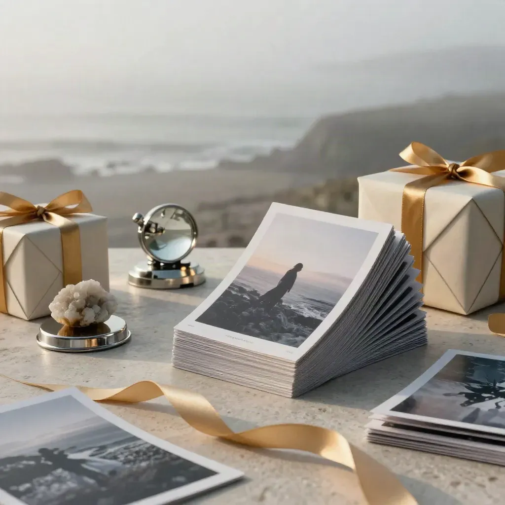 Glossy image cards, gift boxes, chrome object and mineral specimen on pale stone in coastal fog.