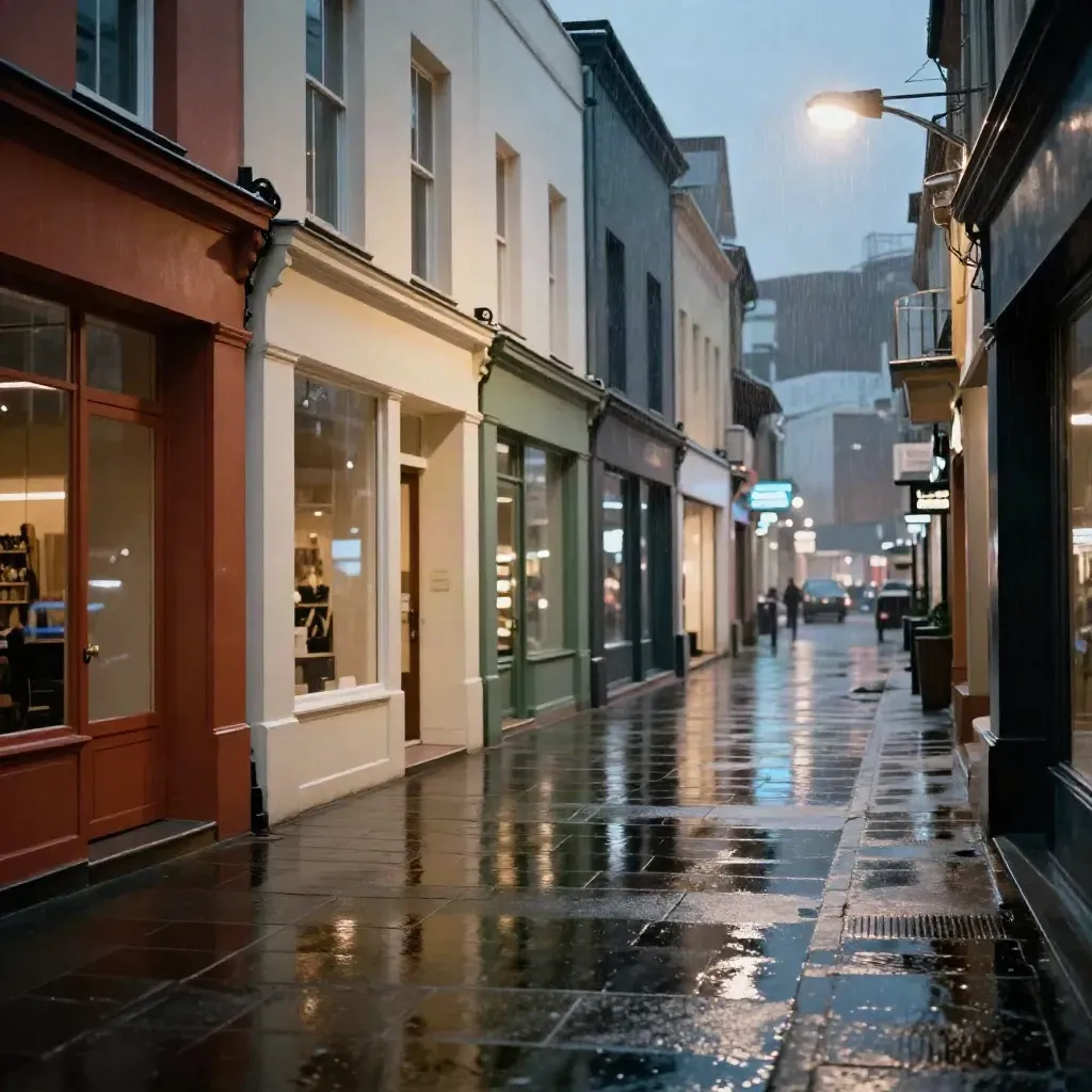 Rain-slick blue-hour street with colorful storefronts, blurred lights, and reflective pavement.