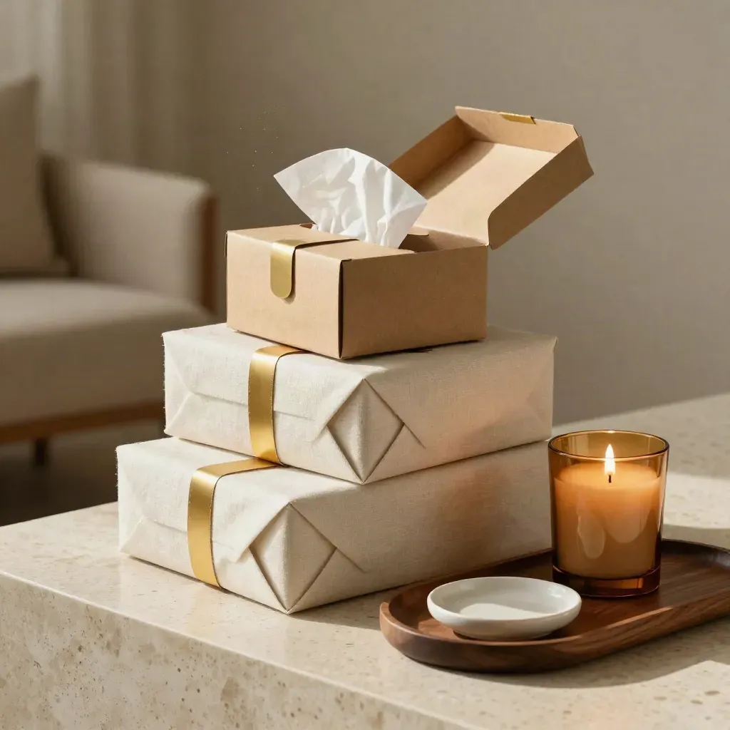 Gift boxes, amber candle, and desk tray on travertine beside a blurred chair in warm afternoon light