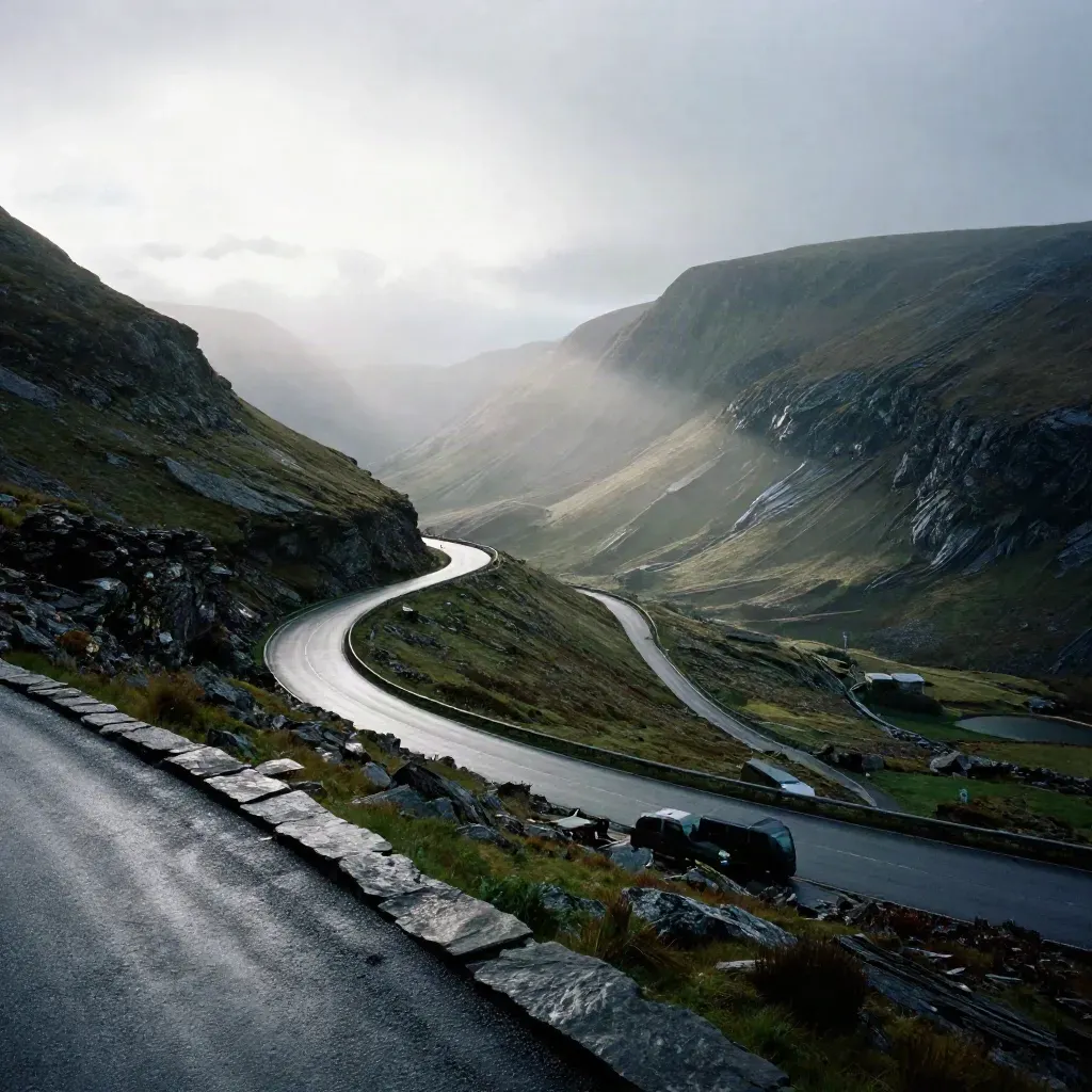 Rain-cleared mountain overlook with a winding road, hazy ridgelines, open sky, and a lone van.