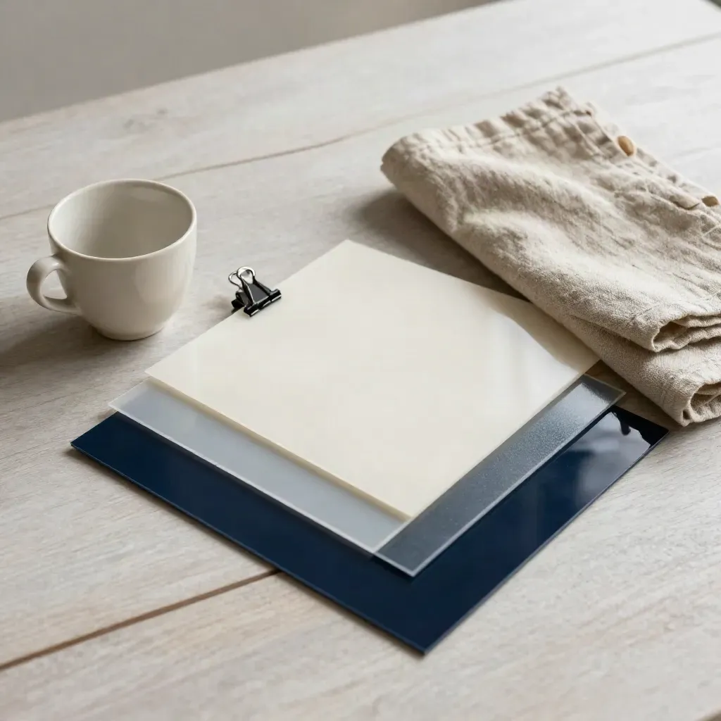 Layered acetate mood-board swatches, ceramic cup, and folded cloth on pale wood